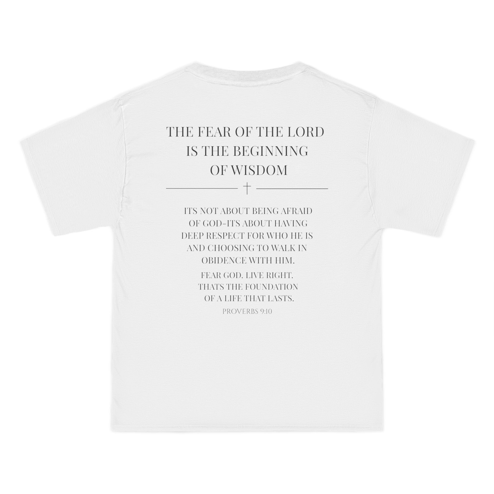 Fear God T-Shirt — Minimal Christian Scripture Tee (Back Verse: "The fear of the Lord is the beginning of wisdom")